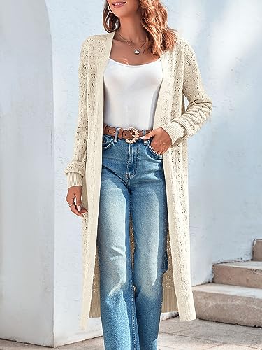 ZoeAce Womens Crochet Maxi Cardigan Sweaters Open Front Knit Long Sleeve Lightweight Duster Cardigan Casual Winter Outfits2