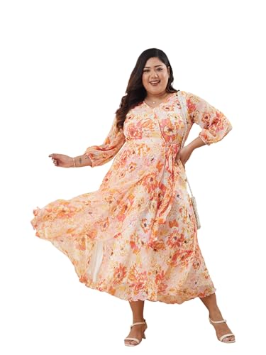 Image of Miss Chase A+ Women's V-Neck Three-Quarter Sleeve Floral Wrap Chiffon Midi Dress