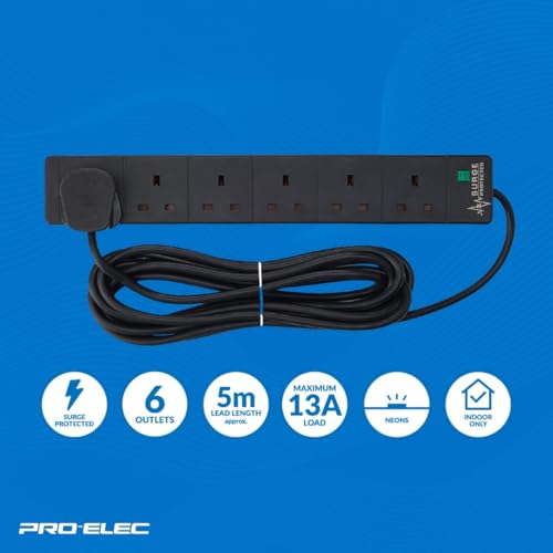 PRO ELEC PELB1755 6 Gang Extension Lead with Surge Protection Black, 5m - Image 6