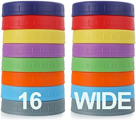 WIDE Mouth Mason Jar Lids [16 Pack] for Ball, Kerr and More - Colored Plastic Storage Caps for Mason/Canning Jars - Leak-Proof