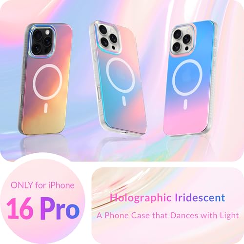 LONLI Hue - for iPhone 16 Pro Case - Holographic Iridescent Phone Case with [Comatpiable with Magsafe] - Cute, Unique and Aesthetic Shockproof Cover for Women and Girls