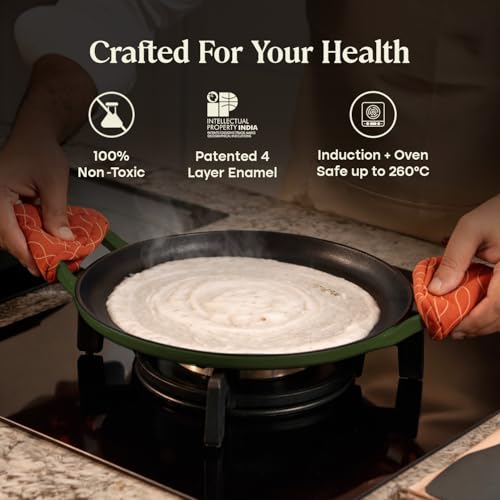 Image of CUMIN CO. Cast Iron Non Stick Dosa Tawa 30 cm | Induction Base Cookware | 10 Year Warranty | Chemical Free Coating | Non Toxic Tawa for Dosa /Chilla | Free Accessories | No Seasoning Needed | Green