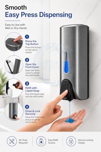 Image of BATH GURU Wall Mounted Soap Dispenser 300ml | Manual Liquid Soap Dispenser for Bathroom Kitchen | ABS Plastic Hand Wash Dispenser with Press Button, Refillable, No Leak | Home & Commercial Use, Grey