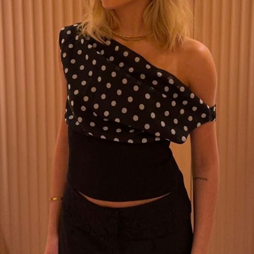 Women Sexy Polka Dot Off Shoulder Crop Top Mesh Patchwork Backless Tie-up Tank Y2K Going Out Corset Top Streetwear2