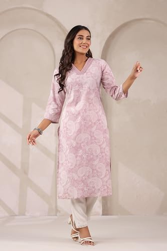 Image of Ichaa Women's Pure Cotton Embroidered V-Neck Ethnic Kurta with 3 /4th Sleeve for Daily and Office Wear, in Plus Sizes