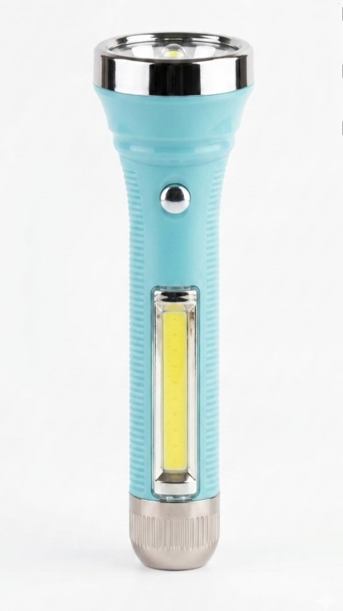 LED Flashlight Torch with COB Side Light, Teal Blue | Dual Light Source, Compact Handheld, Textured Grip, Portable Design, Metal Accents-image-47