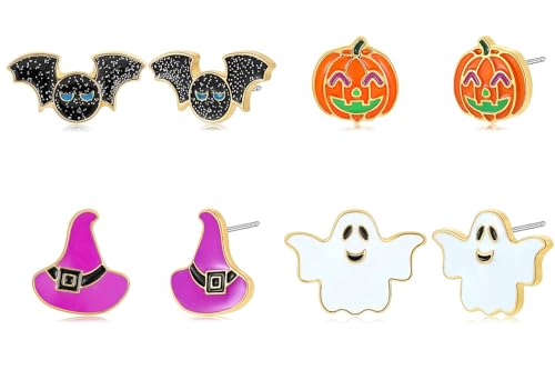 SLOONG 4-Paris Cute Halloween Stud Earrings for Women Luminous Bat Witch Hat Pumpkin Earrings Set Hallowee Jewelry Accessories Hypoallergenic