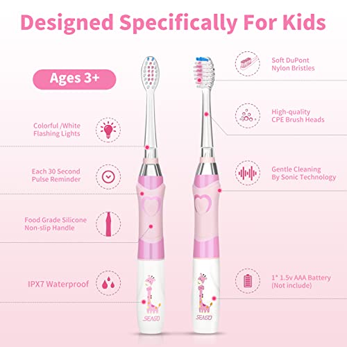 Seago Elektrische Zahnbürste Kinder ab 3-12 jahre Kinderzahnbürsten Elektrisch mit Farbigem Licht Smart Timer 8 Weich Bürstenköpfes Wasserdicht Baby Schallzahnbürste SG977 (Rosa-8) – Bild 3