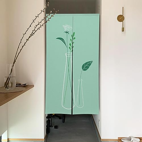 Qinunipoto のれん 花瓶 花 シンプル風 薄ブルー 暖簾 幅85×丈150cm インテリア 目隠し おしゃれ すだれ 遮光 部屋 間仕切り ロング カーテン 麻調ポリエステル製 オーダー可 冷/暖気遮断 簡単取付 リビング 玄関/キッチン/お風呂