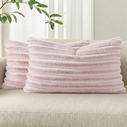 Image of Pallene Faux Fur Plush Lumbar Throw Pillow Covers 12x20 Set of 2, Luxury Soft Fluffy Striped Decorative Pillow Covers for Sofa, Couch, Living Room, Ombre Pink