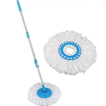 Primeway Rotating Spin Mop Handle Rod Stick Set with Disc and 2 Microfibre Mop Head Refills, 124cm (Blue)