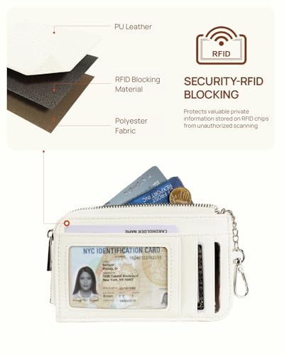 Image of Telena Slim Wallet Women RFID Blocking Credit Card Holder Leather Coin Purse with Silver Keychain Beige