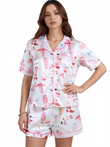 Womens 2 Piece Cowgirl Pajamas Satin Silk Western Cute Pjs Cowboy Boots Short Sleeve Button Up Shorts Pjs Loungewear4