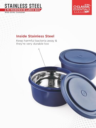 Image of CLASSIC ESSENTIALS Supreme All in One Lunch Box with Insulated Bag | Microwave Safe Containers with Steel Inner | Leak Resistant (Without Bottle, Blue, 2 Container)