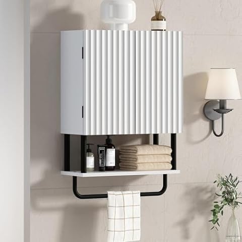 RUSTOWN Fluted Bathroom Wall Cabinet with Towel Bar Cover