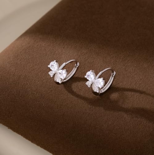 Reffeer Solid 925 Sterling Silver CZ Bow Hoop Earrings for Women Teens Cute Bow Earrings Huggie4