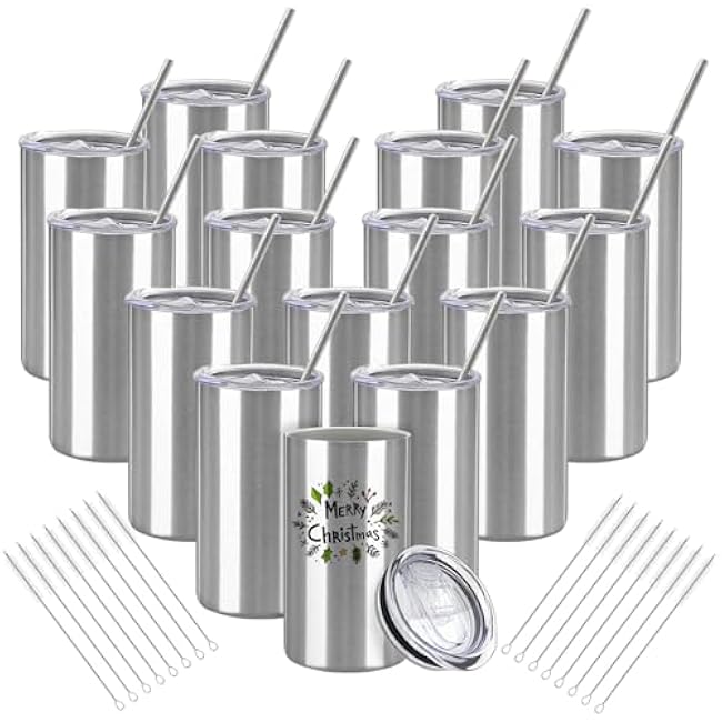 16 Pack Tumblers Blanks Bulk Skinny Straight Tumbler Stainless Steel Double Wall Insulated Water Bottles with Lid & Straw for DIY Gift, 12oz Silver
