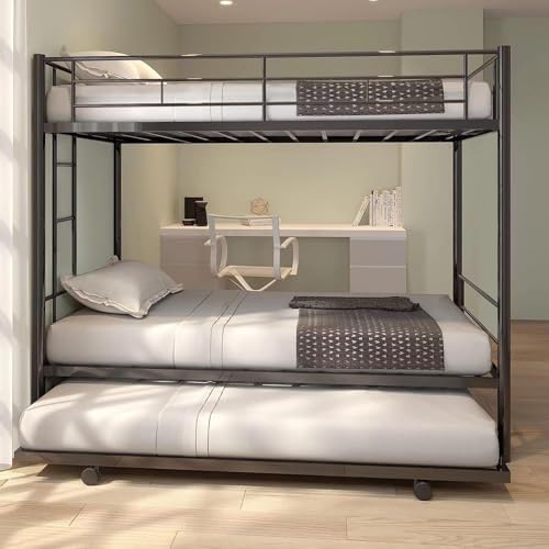 EMKK Twin Over Twin Bunk Bed with Trundle,Metal Bunk Beds w/Side Ladders & Safety Guard Rail,3 in 1 Bunk Beds for Teens, No Box Spring Needed Metal Bunkbed,Can be Divided Into Two Beds