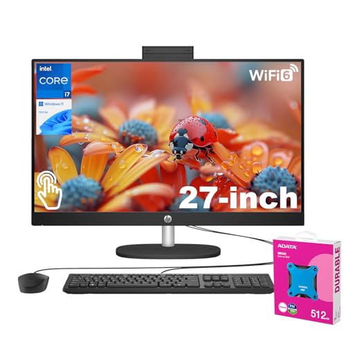 Image of HP Essential All-in-One Desktop | 27 inch FHD Touchscreen | Intel Core i7-1355U | 16GB RAM | 1TB SSD | Wi-Fi 6 | Wired Keyboard & Mouse | Windows 11 Home | Black | with Adata 512GB External SSD Bundle