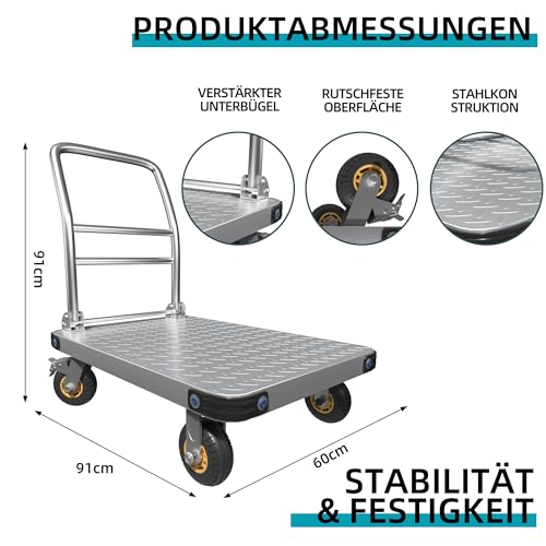 NiceyCare Schwerlast Plattformwagen (900 kg Tragfähigkeit) | Stahl Transportwagen mit 360°-Schwenkrädern (12,7 cm) | Klappbar Handwagen | 91 x 60 cm Flachbett | ideal für Lager, Werkstatt, Gastronomie