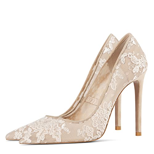 FSJ Women Elegant Pointed Toe High Heel Pumps Floral Lace Mesh Slip On Rhinestones Stiletto Bridal Wedding Banquet Party Shoes Size 4-15 US4