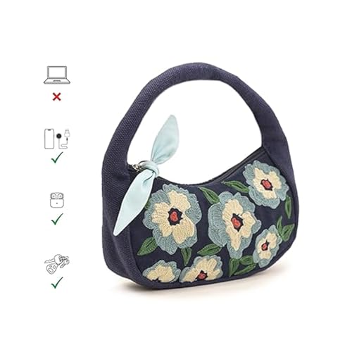 Image of Boho Girl Indigo Blossom Tote Bag - Navy Blue Floral Handbag for Women with Embroidered Flowers, Padded Handle & Ribbon Detail - Chic Shoulder Bag for Travel, Brunch