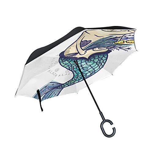 Preisvergleich Produktbild SKYDA Umkehr-Regenschirm mit Katzenfischen und umgekehrten Regenschirmen, doppellagig, Winddicht, Regenschirm für Auto und Regen im Freien, mit C-förmigem Griff