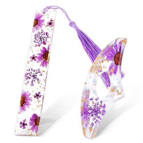 Gjinxi 2 Pcs Fan Book Page Holder, Dried Flower Resin Thumb Book Page Holder and Bookmark with Tassel, Book Accessories for Reading Lovers, Gift for Bookworm, Readers, Literary, Students, Teachers