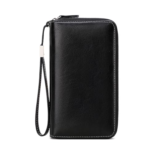 Women's Genuine Leather Crossbody Wallet with Double Zipper Phone Purse and Shoulder Strap