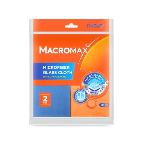 MACROMAX Microfibre Glass Cloth 2-Pack Lint-Free Streak-Free Window & Mirror Cloth 14x12cm Washable up to 100Times Chemical-Free Cleaning for Glass Mirrors Screens & Stainless Steel