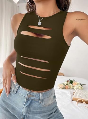 Image of LovelyWholesale Women Sexy Cut Out Crop Tank Tops Crew Neck Summer Sleeveless Top