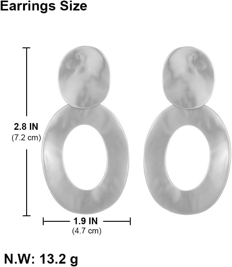 Matte Gold Silver Harmmered Disc Clip On Earrings for Women Big Oval Hoop Dangle Clip Earrings for Women Girls Gift