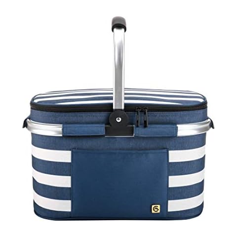 ALLCAMP 22 L Shopping Baskets Large Insulated Basket Cooler Bag Picnic Basket Thermal Bag Cooler Bag Blue and White Cover