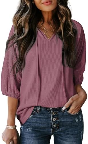 Dokotoo Cute Summer Tops for Women Dressy Casual Waffle Knit 3/4 Length Sleeve Babydoll Tops Soft Cozy Hollowed-Out Puff Sleeves Trending Womens Clothes Resort Wear for Women 2026 Rose Pink Medium