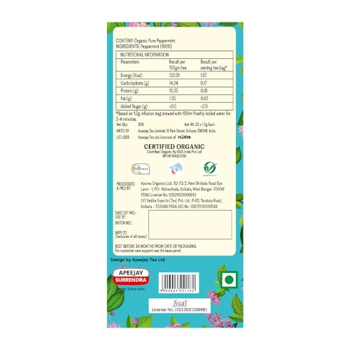 Image of Flurys Organic Peppermint Tea | 100% Pure Herbal Tea | Caffeine-Free Mint Infusion for Digestion & Relaxation | 20 Tea Bags (30g)
