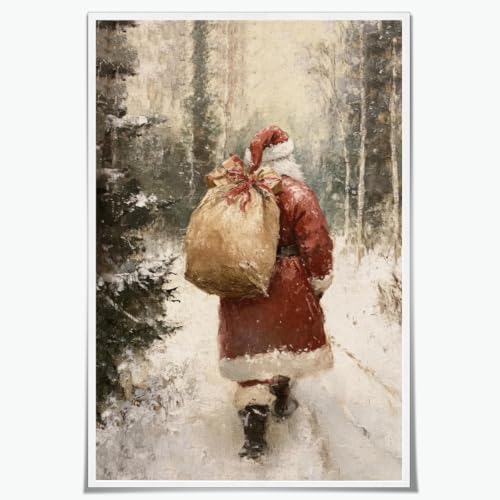 Vintage Christmas Wall Art Santa Claus in Winter Forest Back