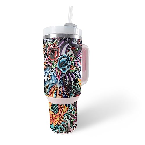 MightySkins Carbon Fiber Skin Compatible with Stanley The Quencher H2.0 FlowState 40 Oz Tumbler - Old School Tattoo | Protective, Durable Textured Carbon Fiber Finish | Easy to Apply