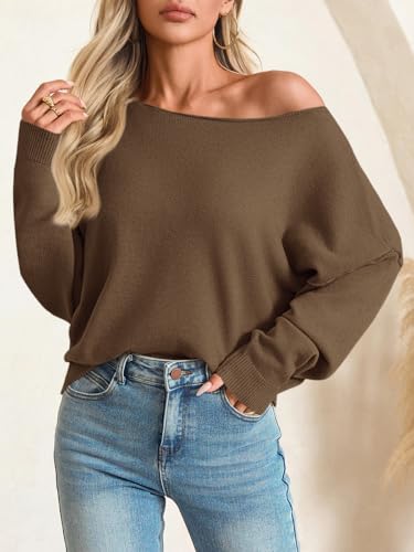 Image of Saodimallsu Womens Off The Shoulder Sweater Boat Neck Batwing Sleeve Knit Pullover 2025 Cute Casual Trendy Jumper Tops