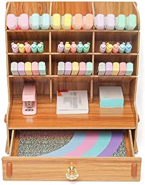 EXERZ Wooden Desk Organiser - Multifunction Desktop Tidy With Drawers. 5 Tiers, Spacious For Stationary, Office, Art Pen And Brushes, Paper And Mail. Wooden Storage Caddy.