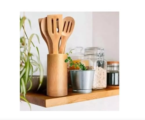 Kit Utensílios De Bambu 5 Peças Ecológico Com Suporte Antiaderente Resistente Ao Calor Elegante Sust
