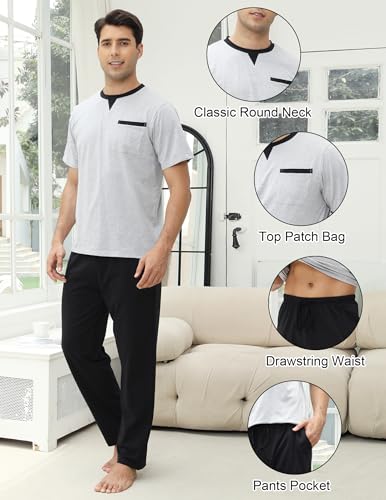 Mens Pajamas Set Cotton Short Sleeve and Pants 2 Piece PJ Set Soft Comfy Loungewear Men's Summer Nightwear Set3