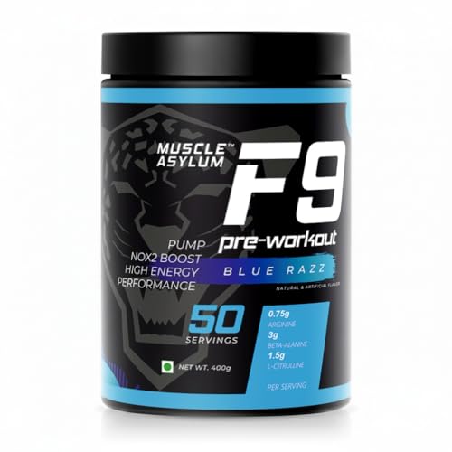 Image of Muscle Asylum F9 Pre-Workout - 50 Servings, 400gm (Blue Razz) | Boosts Energy & Endurance | Improves Focus