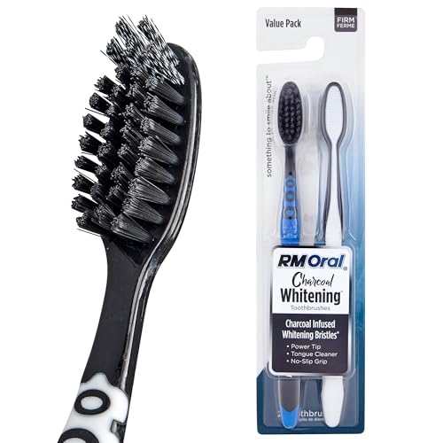 RM Oral Charcoal Whitening Toothbrushes Charcoal-Infused Firm Bristles Helps Whiten Teeth and Reaches Deep Along the Gumline and Between Teeth 2 Count