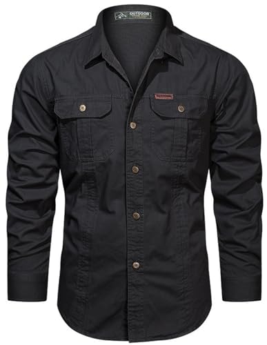 PADOLA Chemise Homme Manches Longues Slim Fit Coton Boutonnée Chemises avec Poches Col Rever Chemise de Travail Cargo Uni Chemisette Militaire Tactique Shirt...