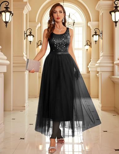 Image of BeryLove Sequin Dress for Woman Vintage A Line Wedding Formal Swing Mesh Dress Sleeveless Cocktail Maxi Gowns