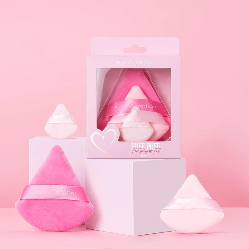 Image of triangle puff, pizza puff makeup Puff The Perfect Trio | 3 Set of Pink triangle puff for Makeup Sponges | for Foundation, Liquid, Cream, Powder, Beauty Gift Set Woman, Girl