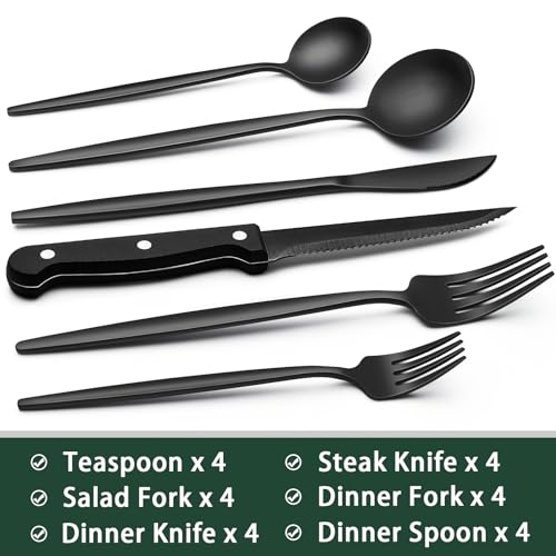 Image of EWFEN 24-Piece Black Silverware Set with Steak Knives, Black Flatware Set for 4, Food-Grade Stainless Steel Tableware Cutlery Set, Mirror Finished Utensil Sets for Home Restaurant, Long Edge