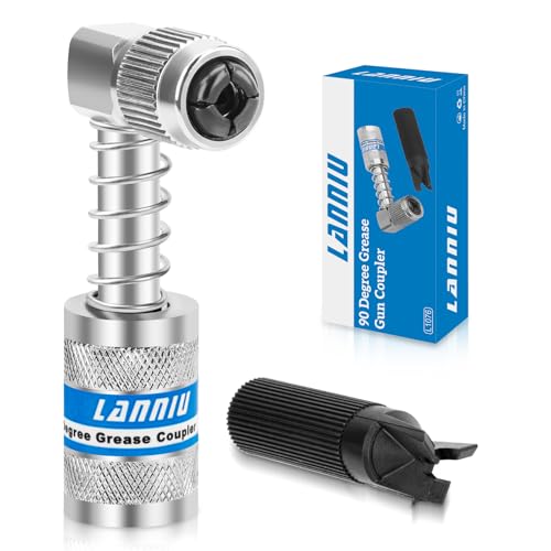 LANNIU 90 Degree Grease Gun Coupler - Upgraded 4-Jaw Quick Release Lock on Grease Coupler Adapter for Tight Spaces, 10,000 PSI High Pressure Heavy Duty Right Angel Grease Gun Tips