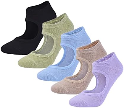 5 Pairs Non Slip Yoga Socks for Women&Girls,Non-Skid Socks for Pilates, Ballet, Dance, Hospital Women Barefoot Workout, Purple,Black, Lake Blue,brown,french Grey, 9