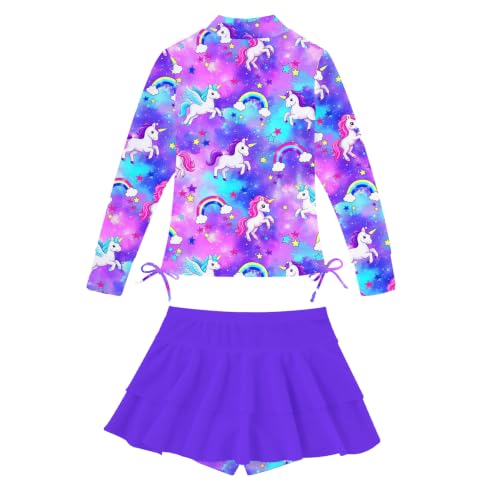 Image of Vogseek 3-12T Girls Rash Guard 2 Pieces Bathing Suit Long Sleeve Swimsuit Swimming Skirt with Shorts Swimwear